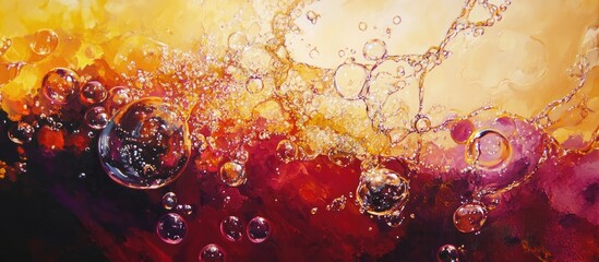 Vibrant champagne and prosecco bubbles splashing against warm gold and red tones creating a festive atmosphere of celebration and joy