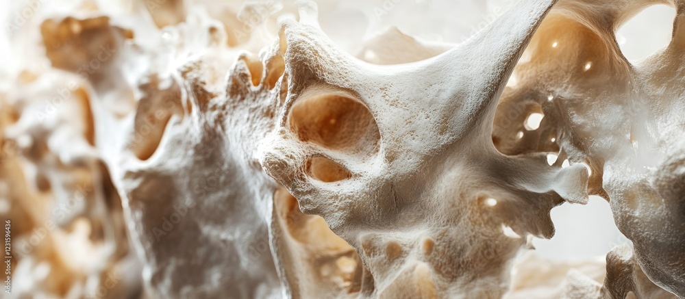 Poster close-up of intricate, weathered bone structure in soft beige tones highlighting porous textures and