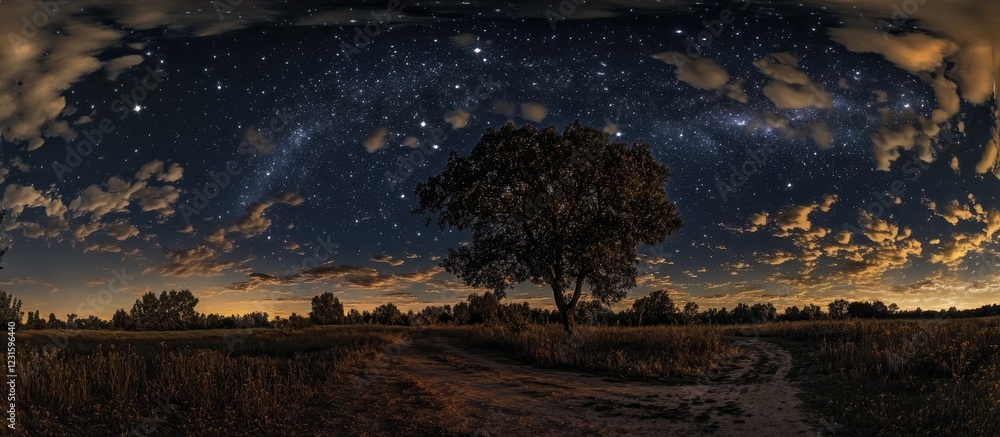 Poster majestic panorama of a dark sky illuminated by shimmering stars and wispy clouds, with a silhouette 