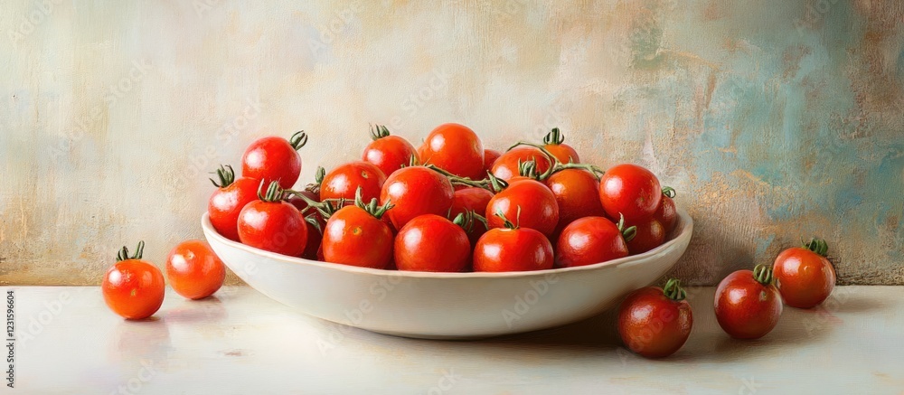 Poster vibrant red cherry tomatoes in a white bowl on a rustic table with a soft textured background showca
