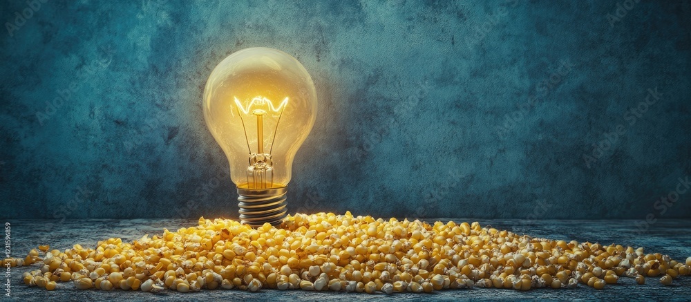 Poster golden corn kernels scattered on a textured blue surface with a glowing light bulb positioned centra