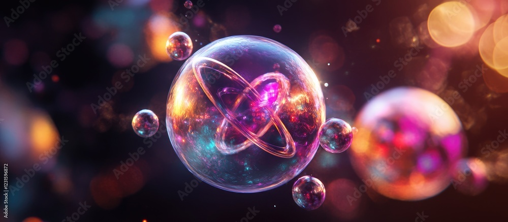 Poster abstract colorful bubbles with glowing atomic structures floating in a dark background featuring vib