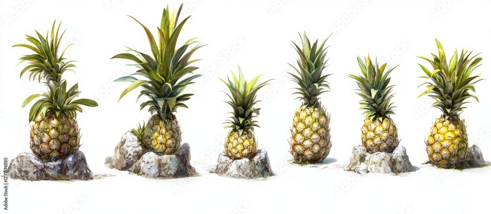 Poster vibrant collection of ripe pineapples with lush green tops arranged in a line on a bright white back