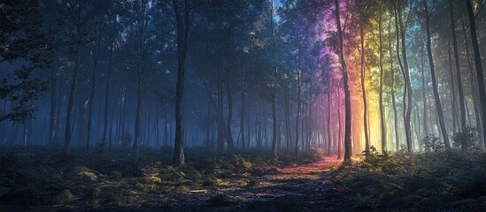 Obraz premium Enchanted forest with a vibrant rainbow pole on the right, surrounded by tall, dark trees, with soft ethereal light illuminating the path ahead.