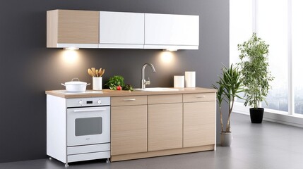 Modern Minimalist Kitchen with Wood Cabinets and City View