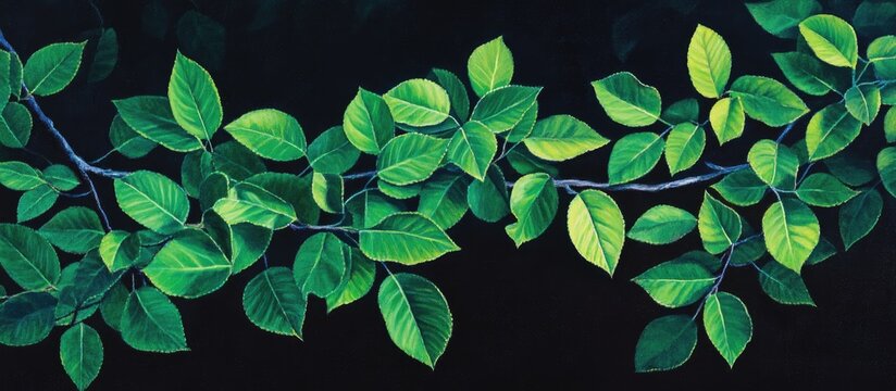 Lush green leaves glisten against a dark background in soft light emphasizing rich textures and vibrant hues of nature's greenery.