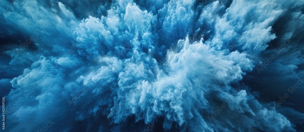 Poster vibrant blue and white powder explosion swirling in dynamic movement creating a mesmerizing abstract