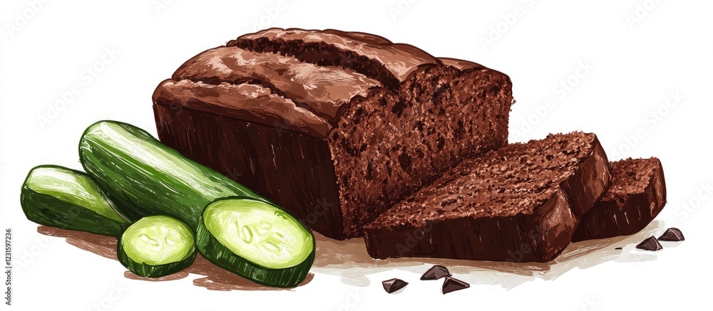 Poster artistic illustration of dark brown bread loaf with cucumber slices positioned to the left, showcasi