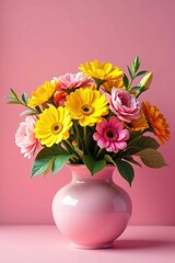 A colorful mix of yellow and pink flowers in a vase, pink, vase