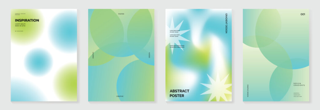 Modern gradient poster background vector set. Minimalist cover template with green and blue perspective geometric prism shapes in motion. Ideal design for social media, banner, spring season card.