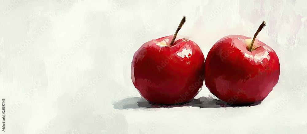 Poster vibrant red apples on white background with glossy texture and subtle shadows inviting a fresh and j