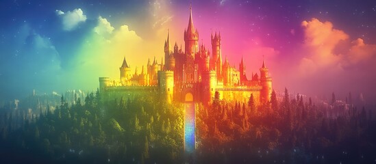 Fototapeta premium Vibrant rainbow castle with colorful spectrum in center surrounded by lush cityscape under a mystical sky representing digital marketing magic.