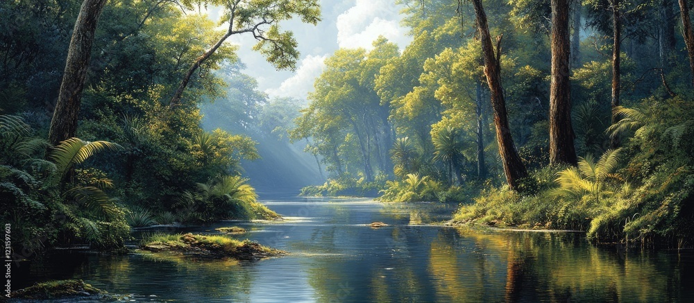 Poster tranquil forest river scene with lush green trees reflecting on calm water under soft sunlight creat