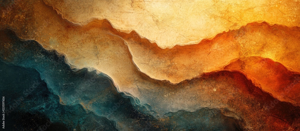 Poster vibrant abstract landscape with rich hues of orange, blue, and brown flowing across the canvas, crea