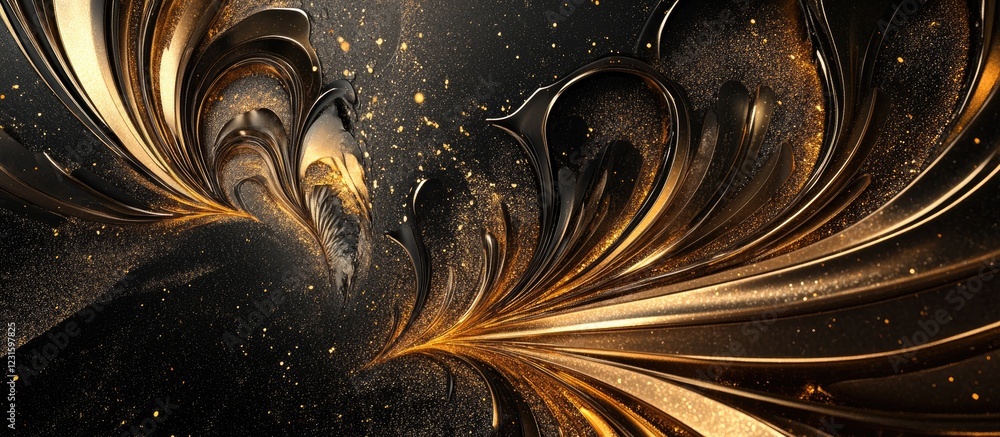 Poster dynamic golden and black abstract fractal design featuring swirling patterns and shimmering details 