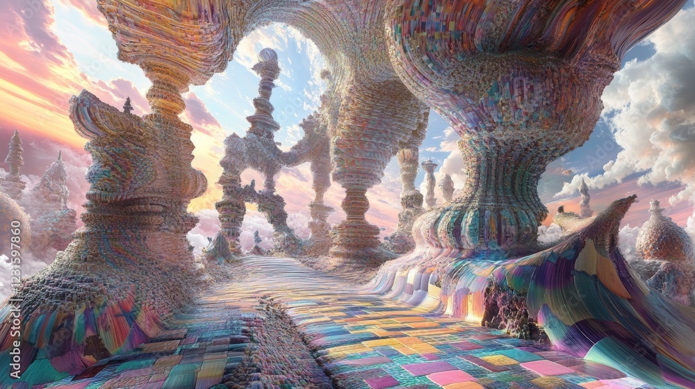 Poster explore a vibrant dreamlike landscape featuring unique colorful structures and patterns, bathed in s