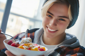 Smiling teenage boy eating muesli with yogurt and fruits, healthy breakfast and vibrant lifestyle