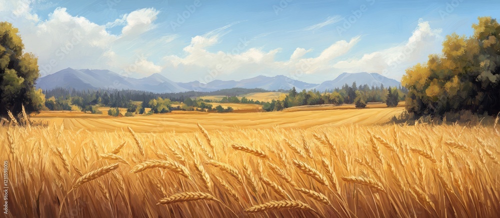 Poster Vast golden wheat field under a bright blue sky with soft clouds distant mountains and green trees on the edges creating a serene landscape scene