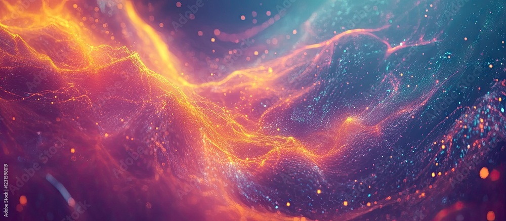 Poster Abstract dynamic background with vibrant orange and blue waves of light flowing diagonally, featuring colorful particles against a dark backdrop.