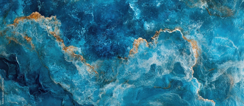 Aufkleber Vibrant abstract turquoise ocean textures with deep blue and gold accents creating a dynamic aerial panorama emphasizing tropical water beauty