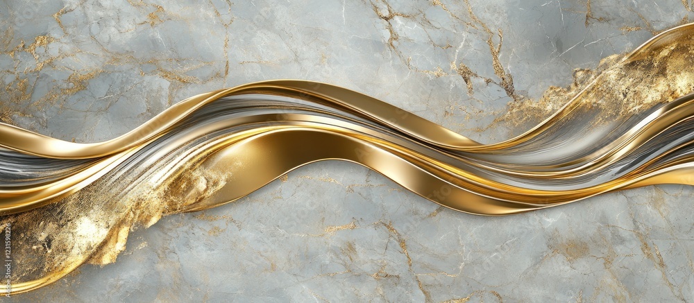 Aufkleber elegant golden wave frame on a marble background featuring rich gold and silver hues flowing across 