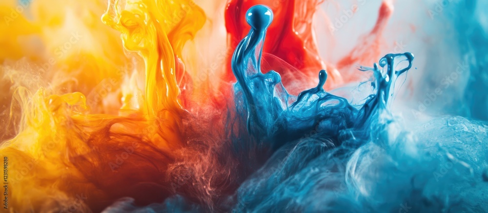 Poster vibrant swirls of orange, red, and blue ink blending in water, creating abstract shapes with a smoot