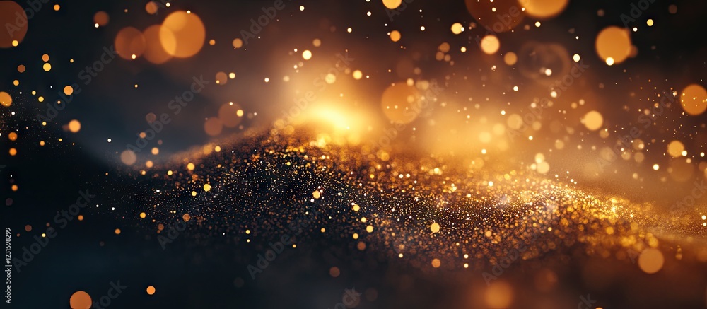Poster gold glitter texture with numerous sparkling bokeh elements in warm gold and orange hues on a dark b