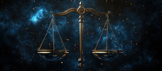 Celestial golden scales of Libra against a starry cosmic background highlighting balance and harmony with shades of blue and black.