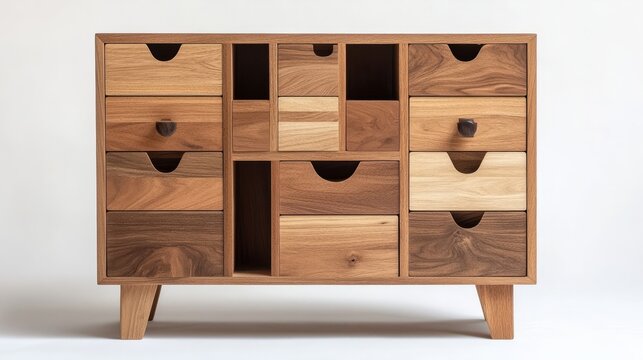 A wooden storage unit with multiple drawers and a natural wood finish, designed in a minimalist style 
