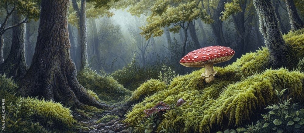 Aufkleber Enchanting red cap mushroom on lush green moss amid a dark forest; soft light filters through trees, creating a magical, serene atmosphere.