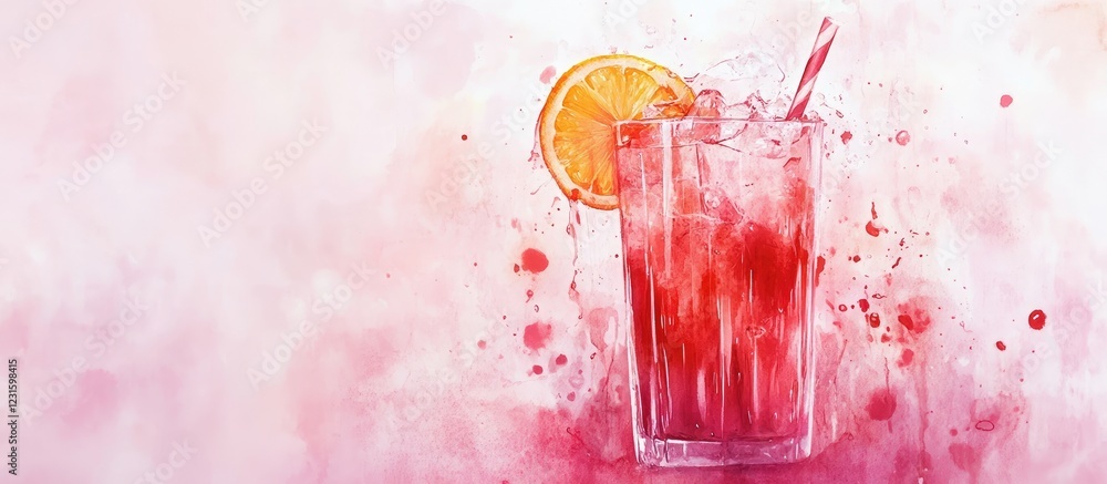 Poster vibrant pink watercolor background with red drink and citrus slice on the right, enhancing visual ap