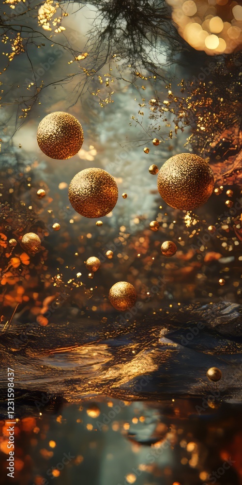 Poster surreal abstract image featuring golden spheres floating in a mystical forest with warm, glowing lig