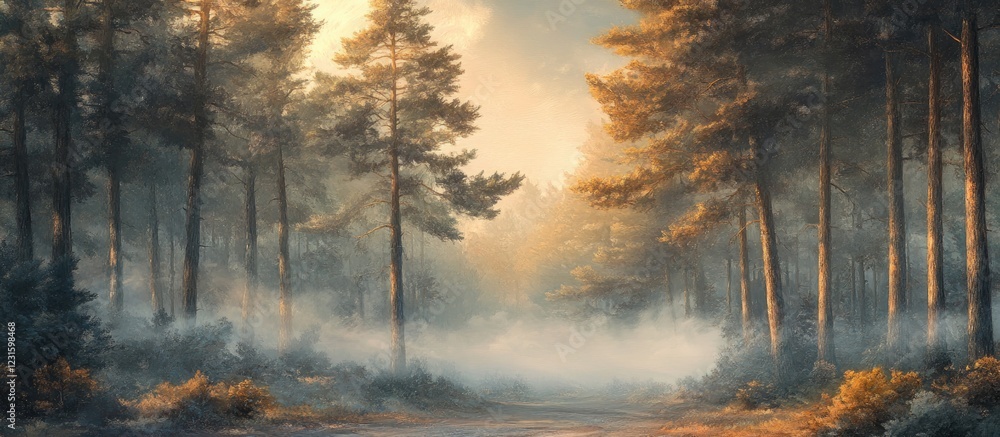 Aufkleber serene fog-covered forest landscape showcasing tall pine trees in soft hues of green and gold with a