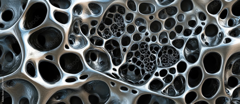 Fototapete intricate metallic lattice structure with dark voids and a glossy silver finish, showcasing complex 
