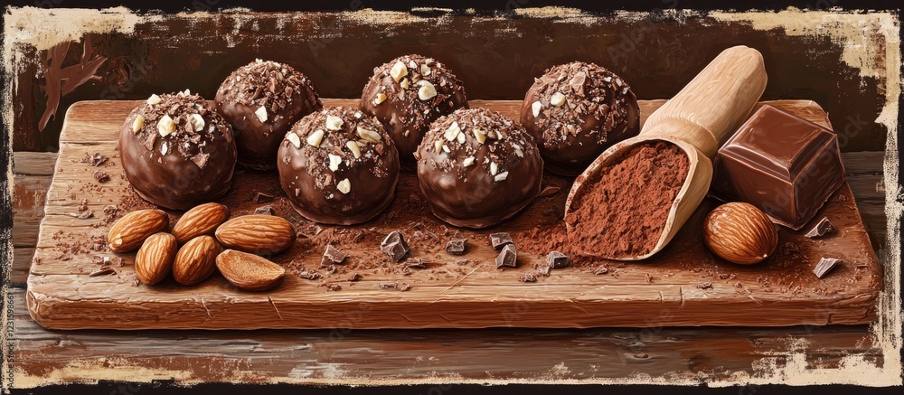Aufkleber chocolate truffles on wooden board with cocoa powder scoop beside almonds and chocolate pieces in wa