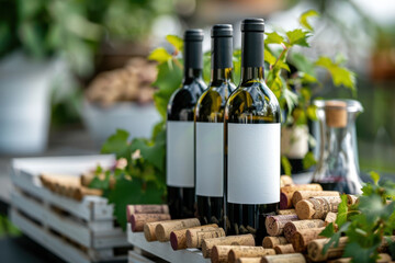 Three wine bottles with blank white labels standing on a table outdoors, surrounded by corks and green leaves, ideal for branding or product display.
