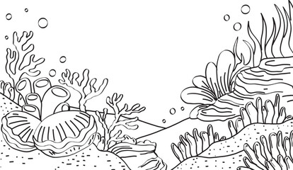 Hand drawn undersea background. Black and white line art drawing of coral reef with seaweed. Outline illustration of underwater beach © Dwiatmoko