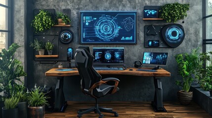 Futuristic Modern Workstation With Plants and Screens