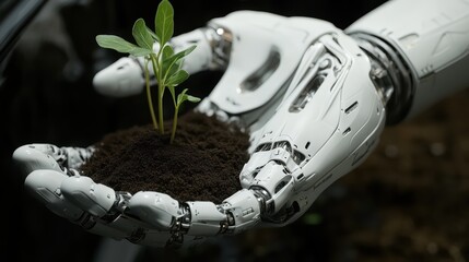 Robotic hand holding a small plant with soil