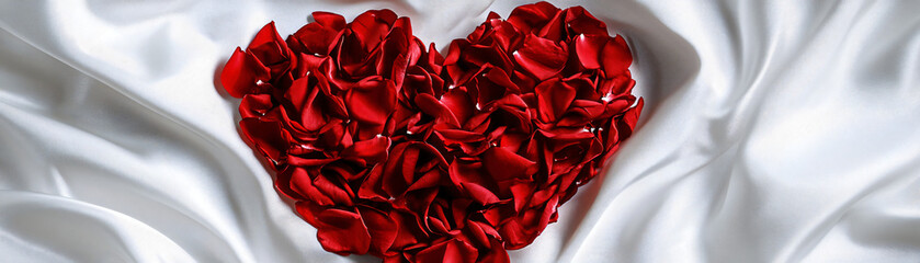 Naklejka premium A beautiful heart shape made of red rose petals on a soft satin fabric background.