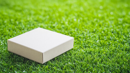 Simple white box sits on vibrant green grass. Eco-friendly packaging concept.