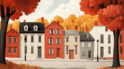 Autumnal Street Scene with Charming Row of Houses Flanked by Trees