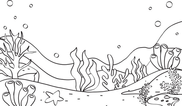 Hand drawn undersea background. Black and white line art drawing of coral reef with seaweed. Outline illustration of underwater beach