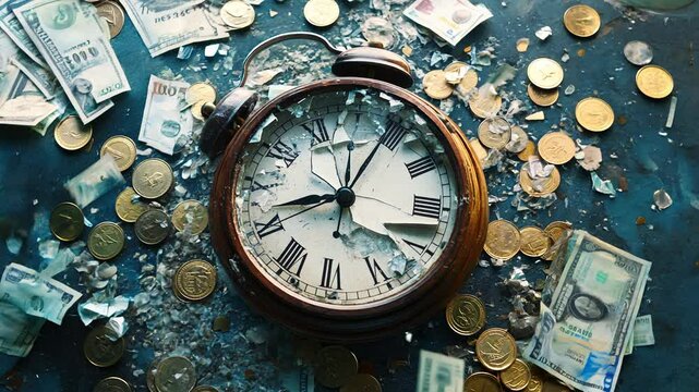 Broken antique alarm clock surrounded by scattered money and coins on a dark blue surface. Shattered glass and currency create a chaotic scene