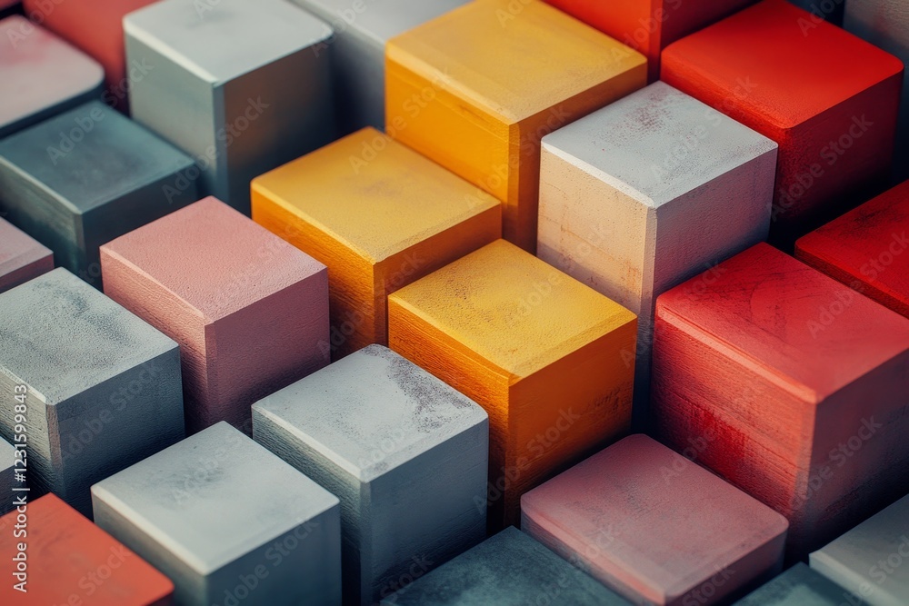 Poster close-up view of colorful wooden blocks stacked and arranged in an artistic style, showcasing vibran