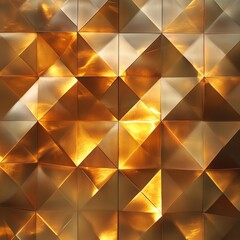 Obraz premium A close-up view of a geometric pattern featuring shiny gold metallic triangles, offering a modern and luxurious aesthetic.