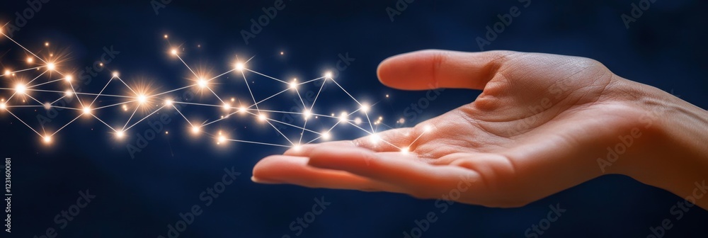 Poster glowing nodes network of interconnected points hovering over open palm against dark background