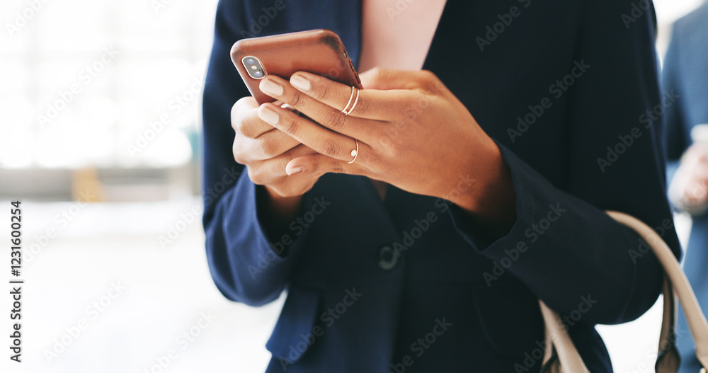 Poster office, hands and scroll with smartphone for chat, online communication and connection with contact.