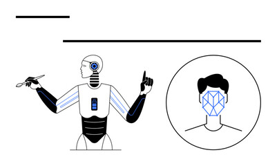 Robot with stylized circuits using tools and making gestures next to a face recognition diagram. Ideal for AI, robotics, face identification, machine learning, futuristic tech, innovation, abstract