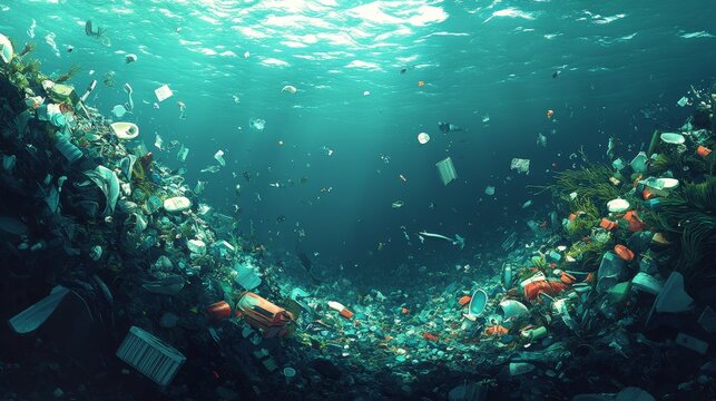 This striking underwater image captures the alarming issue of plastic pollution, showcasing marine debris impacting ocean ecosystems and wildlife.
